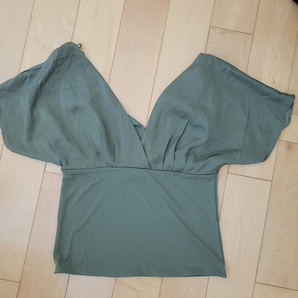 Banana Republic Olive Green Wrap Tie Blouse Puff Sleeve Size S - Picture 2 of 4